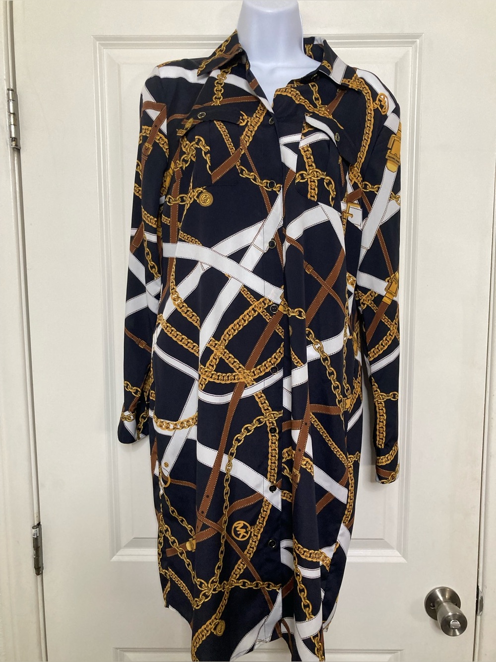 Michael Kors Belt Chain Charm Print Shirt Dress Size M NWT Equestrian Old Money